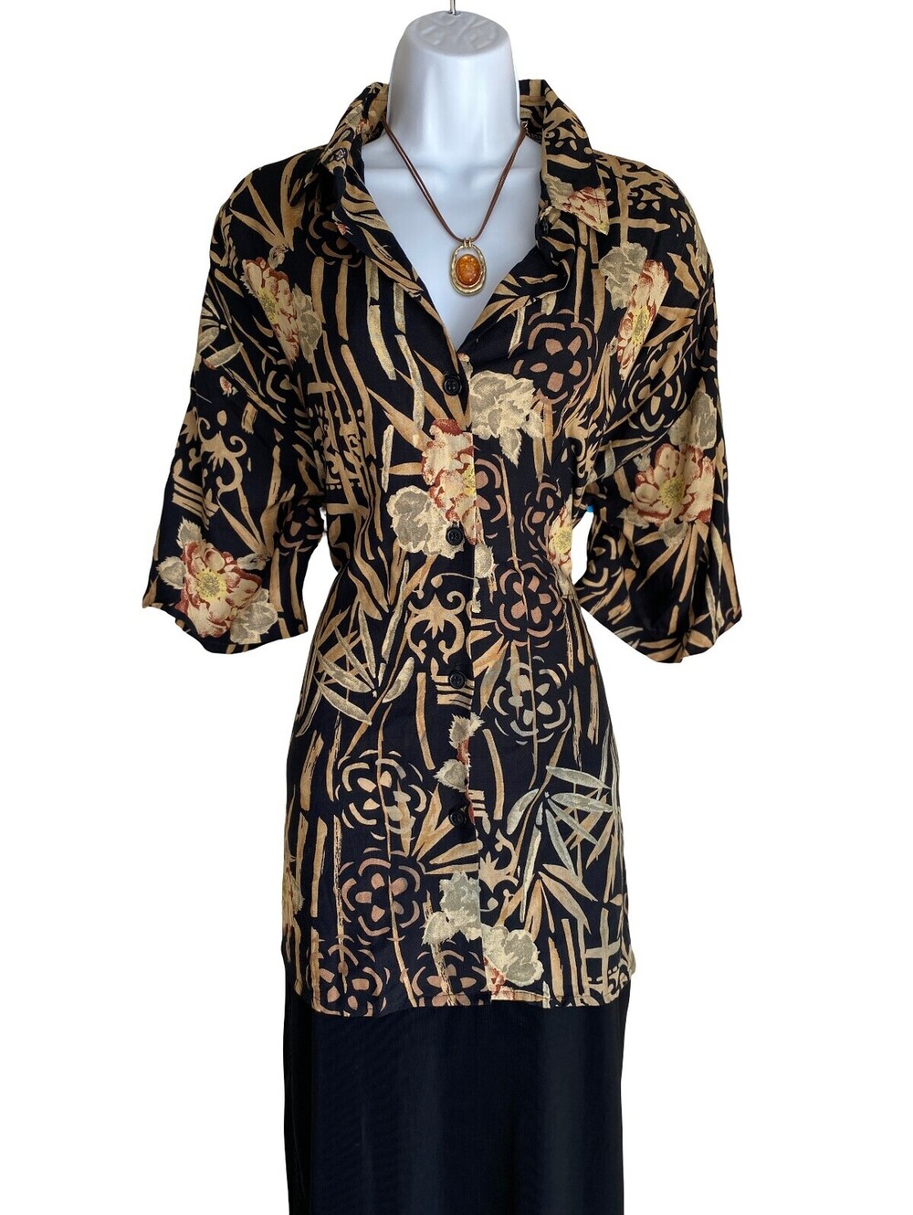 VTG A Personal Touch Plus 24 Black Floral Button Up Tunic Blouse Boho Whimsigoth
